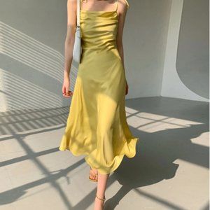 Dabourfeel Satin Lace Up Long Dress Spaghetti Str